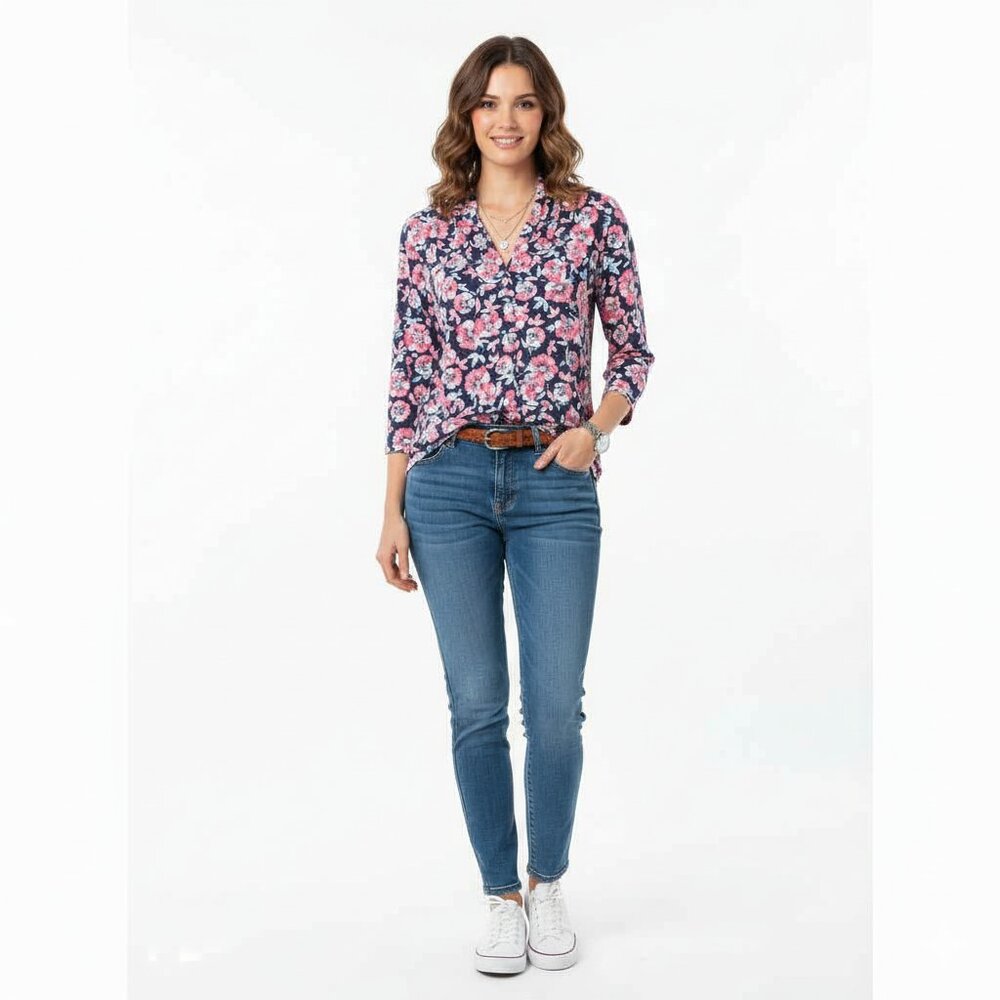 Nwt Charter Club XL Blouse Intrepid Blue Combo Floral Print 3/4 Sleeve V-Neck